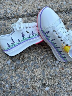 White Canvas Floral Lavender Sun Sneakers for Women